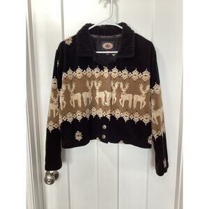 VTG County Clothing Co. Reindeer Fleece Button Front Jacket Brown Black Medium